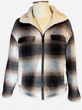🤎Flag & Anthem Sherpa Lined Flannel Jacket Brown Plaid Wool-Blend Shacket